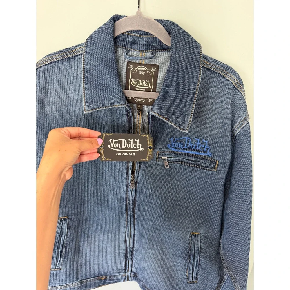 Von Dutch The Phase Cotton Pinstripe Blue Denim Zip-Up Trucker Jacket Medium NWT